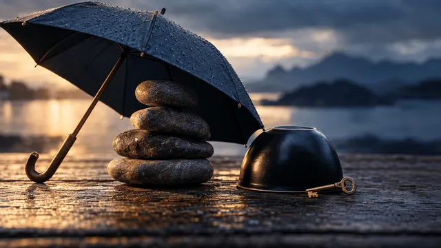 An umbrella leaning open against a stack of smooth river stones on weathered wood, with a single black ceramic bowl placed upside down beside it like a protective dome, all lit by soft overcast window light.