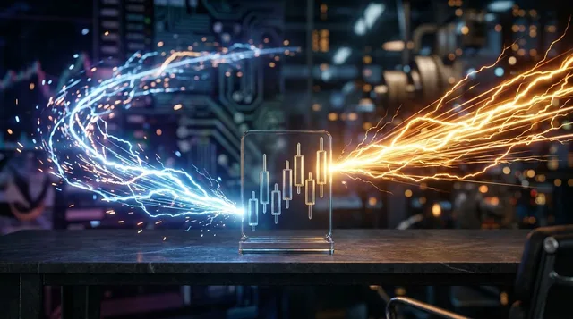A split-composition image showing two diverging lightning bolt paths shooting outward from a central stock chart candlestick — one path wider and more spread apart, the other tighter and more concentrated — both exploding against a dark, dr