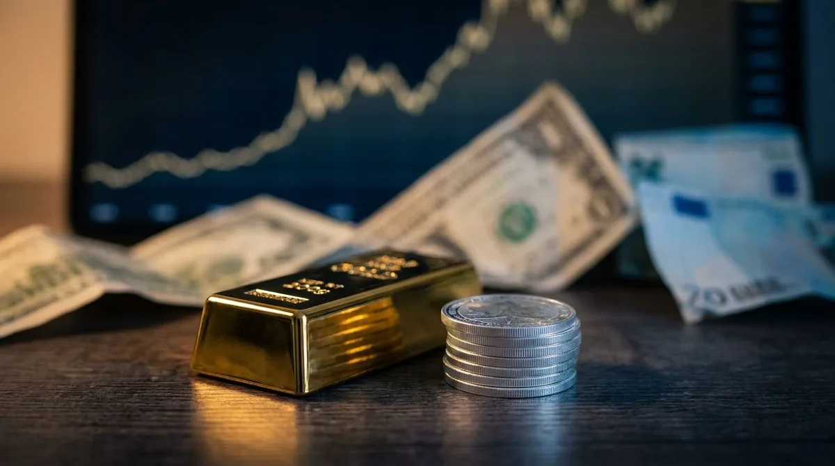 A gleaming gold bar and silver coins rest on a surface, with a blurred background showing a rising price chart and scattered paper currency losing its vibrancy and color.