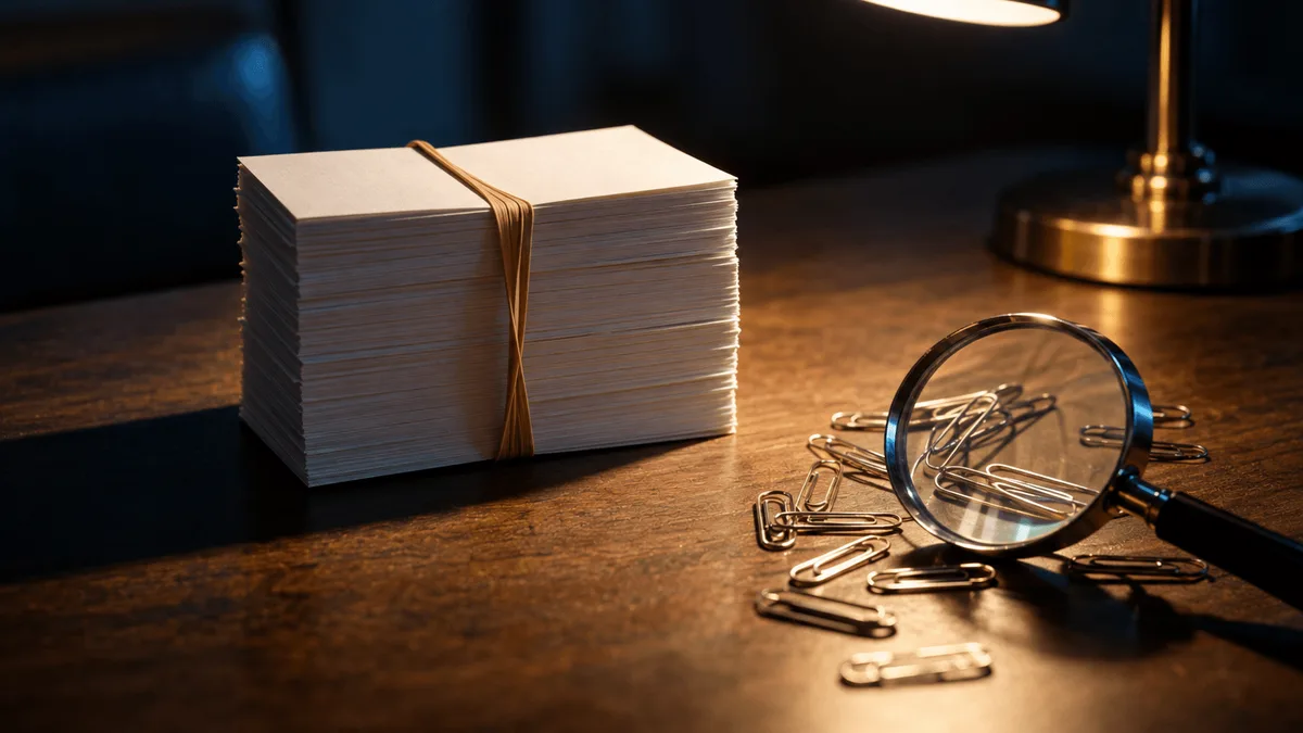 A rubber band stretched almost to its breaking point, wound tightly around a stack of blank white index cards on a plain wooden desk, lit by a single overhead lamp.