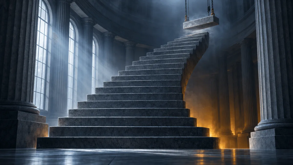 A monumental stone staircase in a neoclassical hall, with one final step suspended by chains above the others as cool light and warm undertones interplay, symbolizing a deliberate interest-rate increase with one more still to come.