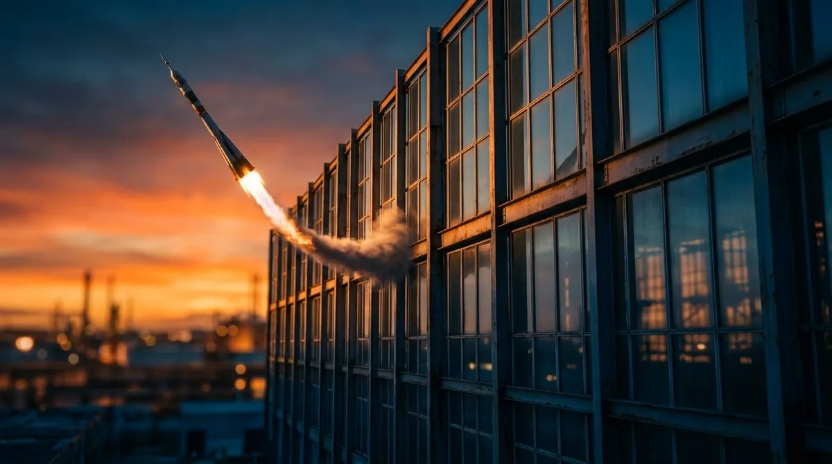 A SpaceX rocket mid-launch, dramatically silhouetted against a fiery sky, faces a towering wall of glass or steel that blocks its path — symbolizing the barrier of index exclusion.