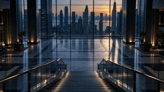 An empty, dimly lit bank headquarters lobby with marble floors and a descending staircase, glass walls reflecting a city skyline at dusk, conveying a quiet slowdown in financial activity.