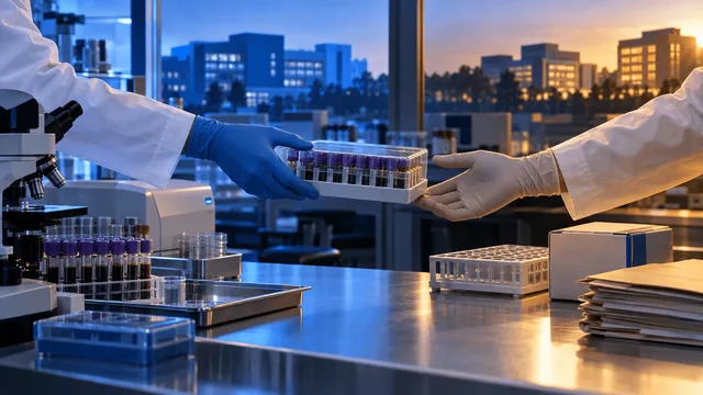 Editorial illustration of a lab bench split by cool and warm lighting, with gloved hands exchanging a sealed specimen tray between two sides, symbolizing a diagnostics company transferring testing assets to another.