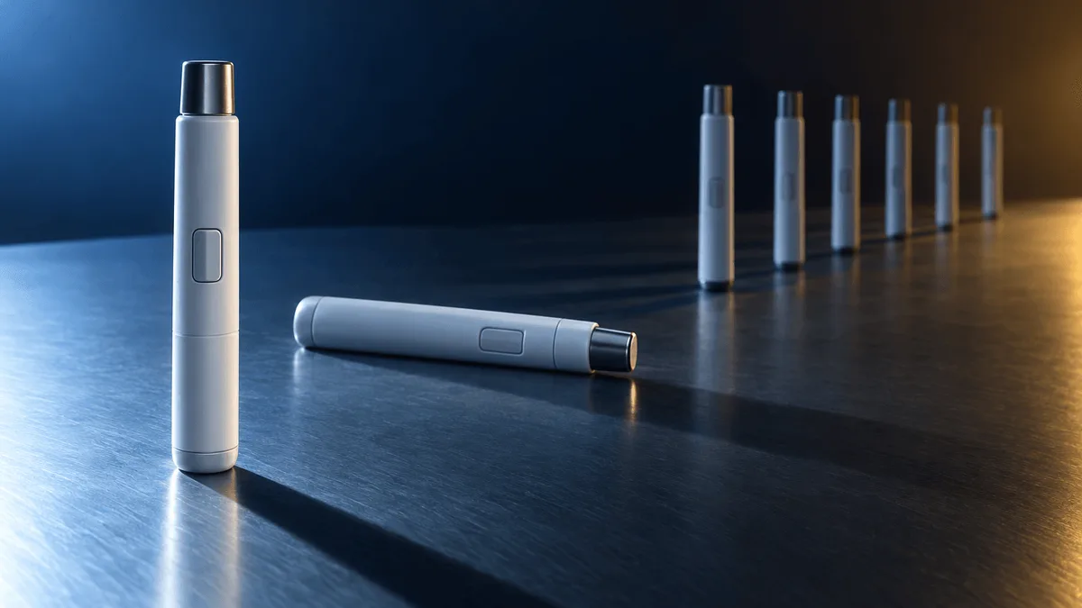 Editorial still-life of unbranded medical injector pens on a steel table, one pen isolated in sharp foreground light while several others recede ahead into soft focus, evoking a company falling behind a competitor.