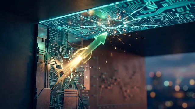 A dynamic stock market display showing a glowing green upward arrow or rocket trajectory bursting through a ceiling made of circuit board patterns, symbolizing tech stocks breaking to all-time highs.