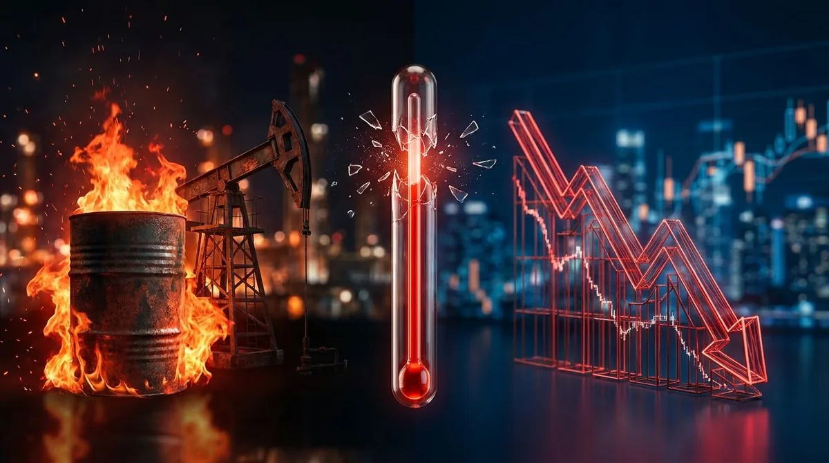 A split-scene composition showing a fiery oil barrel or pump jack engulfed in orange flames on one side, contrasting with a downward-trending stock chart rendered in red on the other, set against a dark financial backdrop.