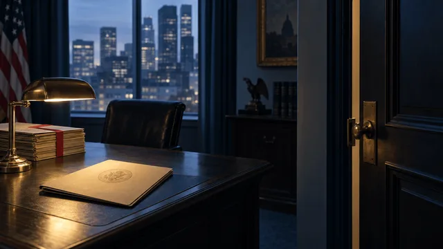 A government office desk with a sealed folder and a closing brass door, symbolizing an official suspension of a visa sponsorship program, with blurred corporate towers visible through a window.