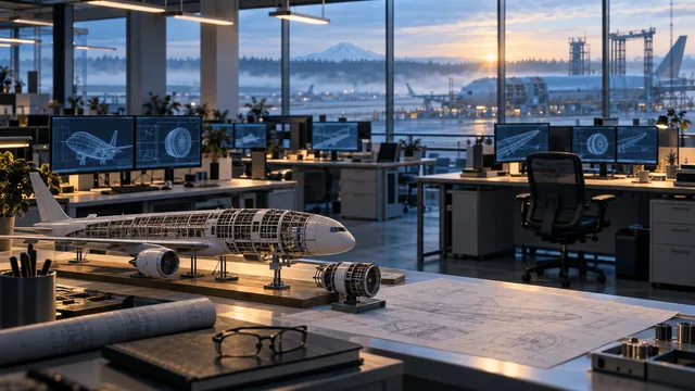 A quiet aerospace engineering office at dawn, with a scale model jet on a drafting table in the foreground and rows of workstations facing large windows overlooking an airfield.