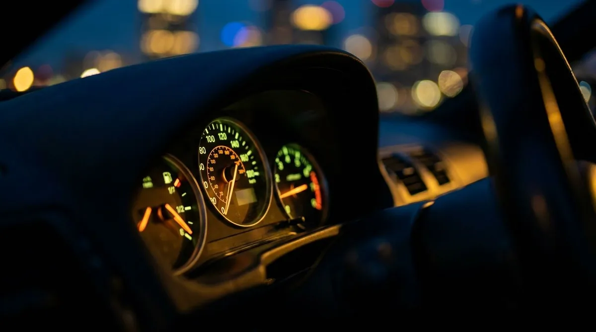 A sleek car dashboard glowing with illuminated gauges and dials fills the frame, with each instrument representing a different risk metric — speedometer, fuel gauge, and acceleration meter all visible at once.