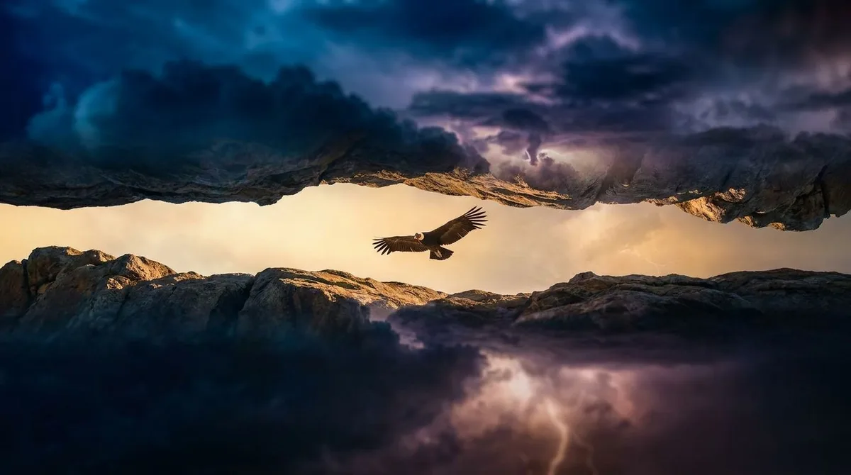 A majestic condor with wings fully spread soars horizontally between two clearly defined cliff walls or boundary lines, symbolizing the strategy's defined risk range.