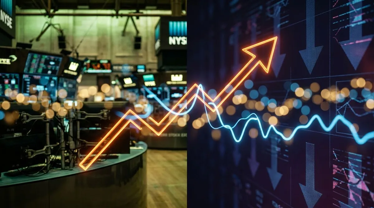 A split-screen composition showing the New York Stock Exchange trading floor on one side bathed in warm green light, contrasted against a darker, cooler-toned side featuring glowing tech stock screens with downward arrows.