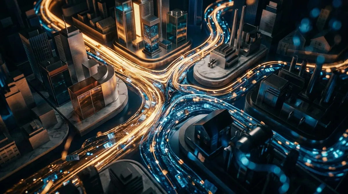 A dynamic bird's-eye view of a massive financial trading floor or stock market visualization, with streams of glowing light or money flowing simultaneously between multiple sectors, symbolizing capital rotating across different market segments. The scene should feel energetic and strategic, with some areas brilliantly lit while others subtly dim, capturing the hidden movement of large institutional players repositioning beneath the surface. The overall mood should be powerful and urgent, conveyi