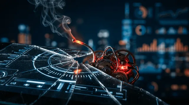 A sleek, glowing ChatGPT or AI interface screen is cracked down the middle like a broken screen, with a lit fuse and smoke curling from behind it against a dark background.