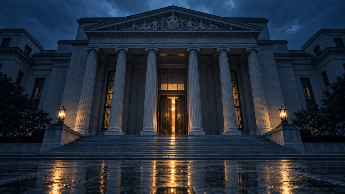 Dusk view of a grand stone bank entrance with bronze doors ajar and wet reflective steps, evoking a major financial institution facing an unexpected setback.