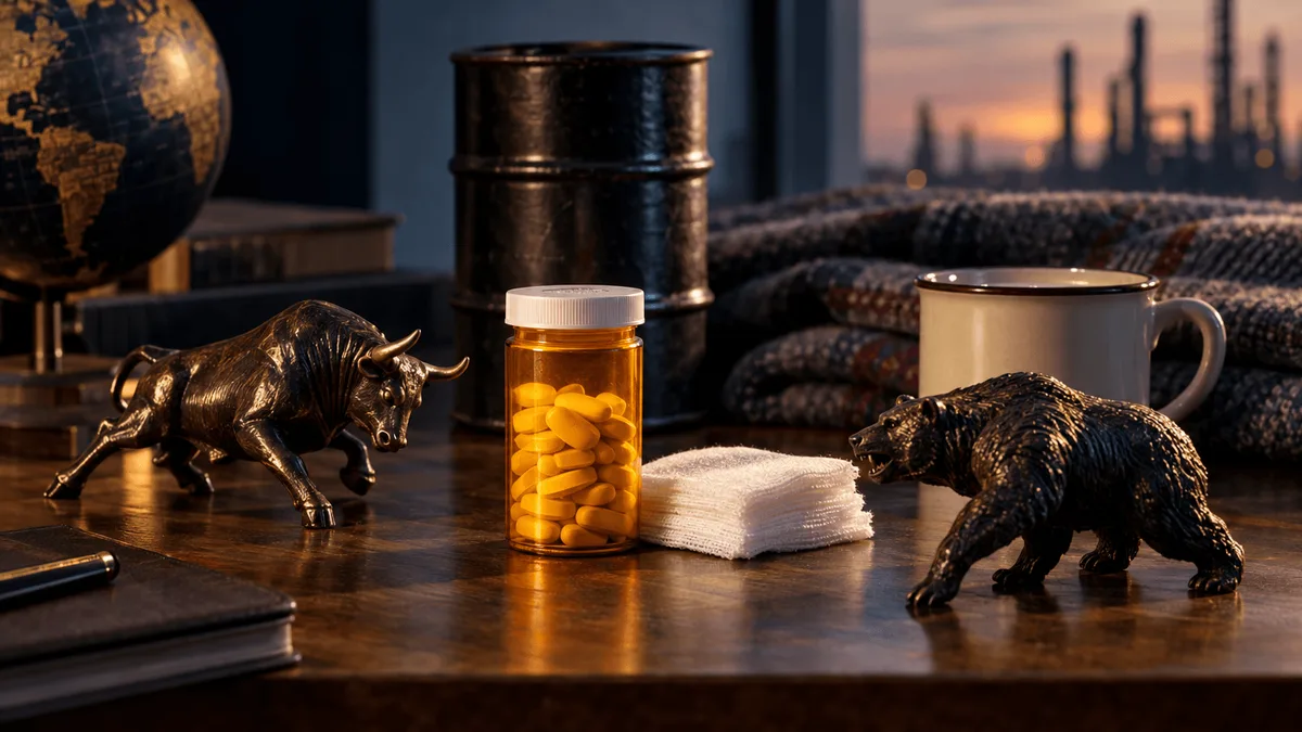A single amber pill bottle and a small stack of gauze pads sit steady at the center of a wooden desk, softly lit, while beside them a toy bull and bear figurine tip slightly off balance.