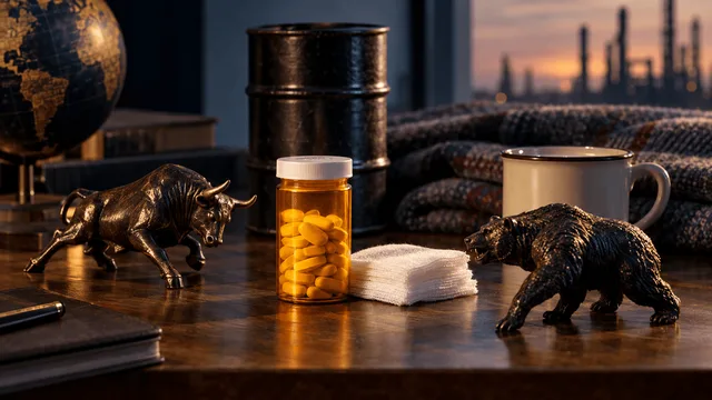 A single amber pill bottle and a small stack of gauze pads sit steady at the center of a wooden desk, softly lit, while beside them a toy bull and bear figurine tip slightly off balance.