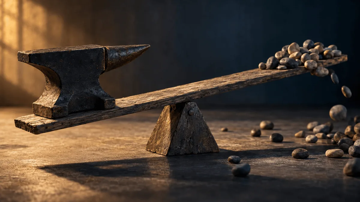 Here's an editorial photo concept:
A weathered wooden seesaw balanced on a fulcrum sits in a quiet studio setting: one side holds a single heavy iron anvil, the other side holds dozens of small smooth river stones scattered unevenly, some