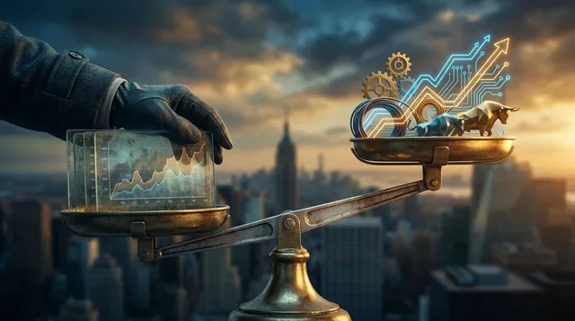 A split-composition image showing two contrasting sides of a financial scale or balance — one side weighted down with cautious, muted tones (perhaps a restrained hand pulling back from a glowing market chart), and the other side lifted by bold, upward-trending data lines in electric blue and gold. The background subtly evokes the mood of September — perhaps a transitional late-summer sky shifting toward autumn hues — reinforcing the theme of seasonal uncertainty and change. The overall compositi