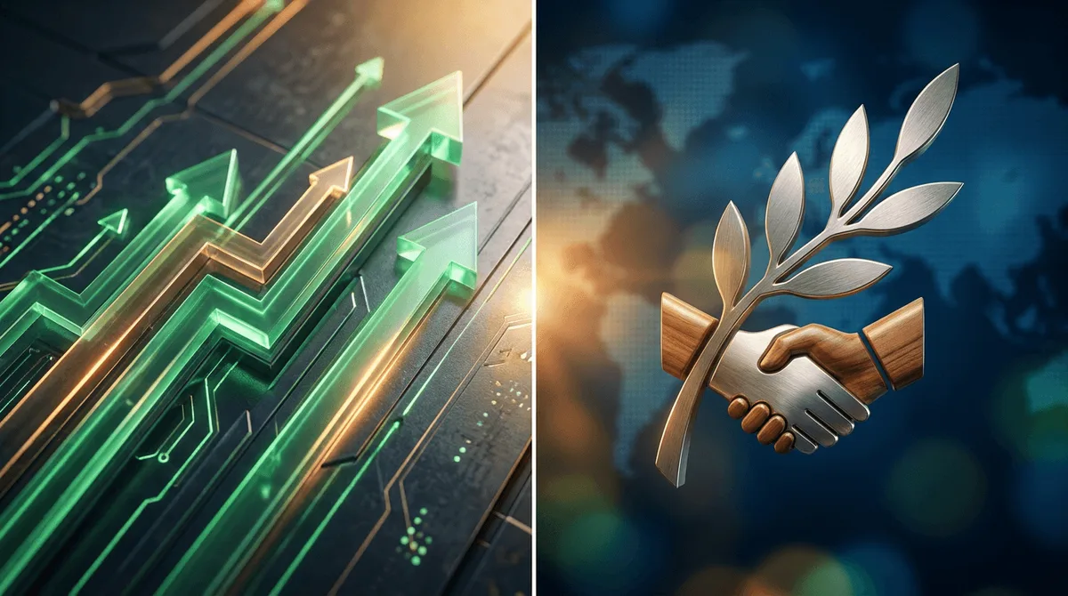 A split-screen visual showing a dramatically rising stock market chart with sharp green upward arrows against a dark financial background on one side, and a symbolic handshake or olive branch representing diplomatic peace on the other.