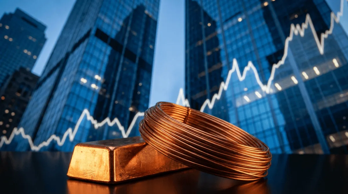 A gleaming copper ingot or coiled copper wire sits front and center, bathed in dramatic golden-orange light that emphasizes its rich metallic luster, with a sharply rising price chart graph reflected or overlaid in the background.