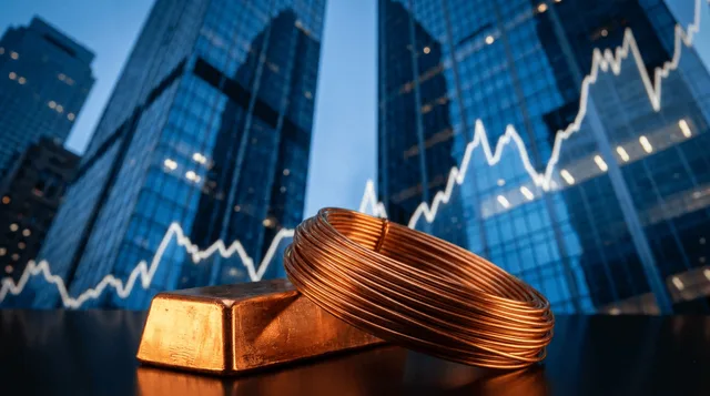 A gleaming copper ingot or coiled copper wire sits front and center, bathed in dramatic golden-orange light that emphasizes its rich metallic luster, with a sharply rising price chart graph reflected or overlaid in the background.