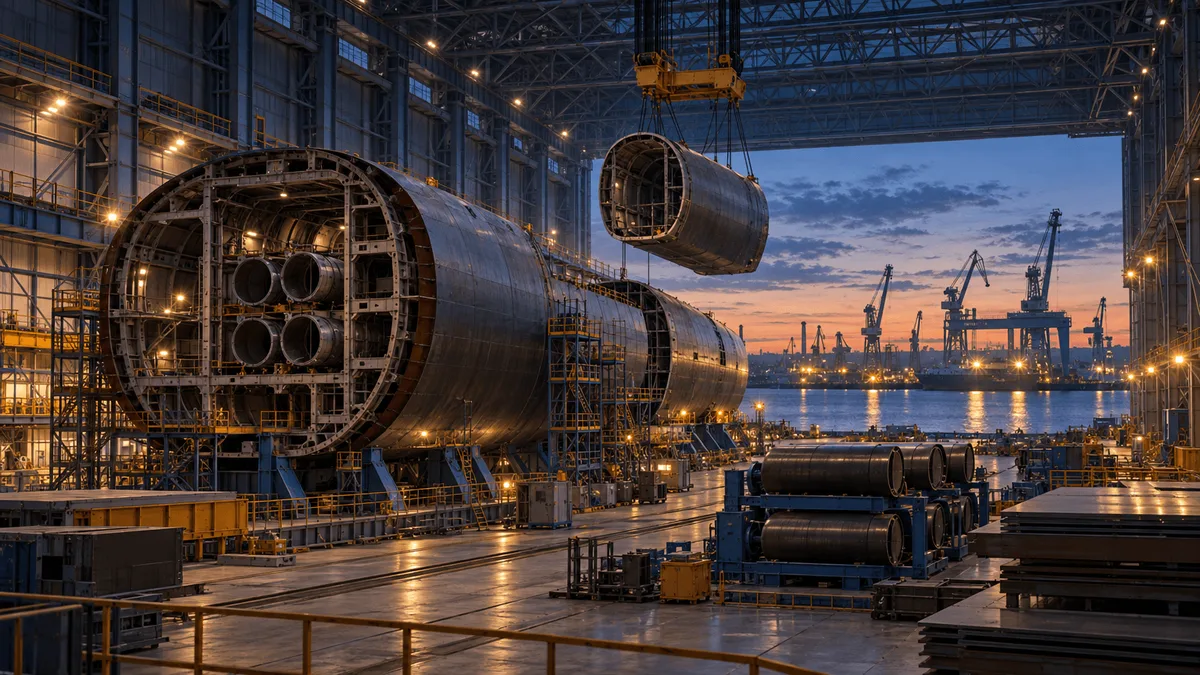 Wide view of a large shipyard hangar under construction at dusk, showing a partially built submarine hull section, stacked torpedo-tube modules, and overhead cranes near a calm harbor.