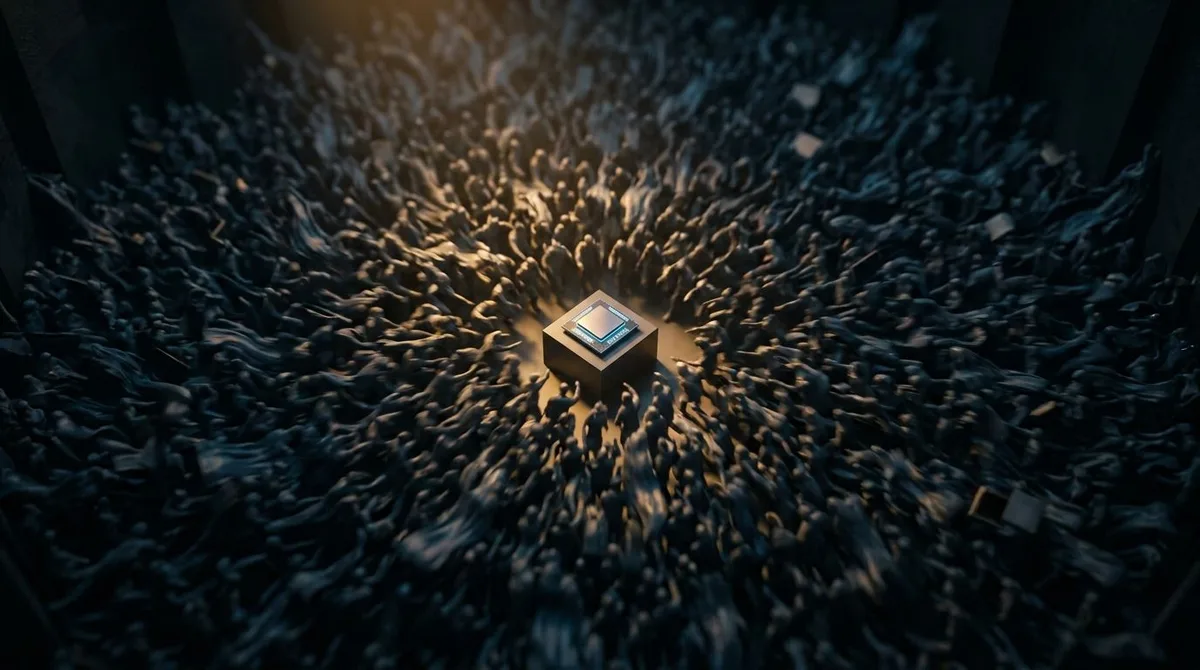 A bird's-eye view of a massive, tightly packed crowd of people all pushing and squeezing toward a single glowing semiconductor chip placed on a pedestal at the center. The overwhelming density of the crowd creates a visual sense of danger and instability, with the edges of the crowd appearing chaotic and on the verge of collapse. The contrast between the shiny, coveted chip and the crushing mob surrounding it instantly communicates the risk of following the herd into an overcrowded market positi
