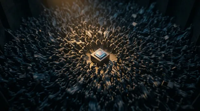 A bird's-eye view of a massive, tightly packed crowd of people all pushing and squeezing toward a single glowing semiconductor chip placed on a pedestal at the center. The overwhelming density of the crowd creates a visual sense of danger and instability, with the edges of the crowd appearing chaotic and on the verge of collapse. The contrast between the shiny, coveted chip and the crushing mob surrounding it instantly communicates the risk of following the herd into an overcrowded market positi