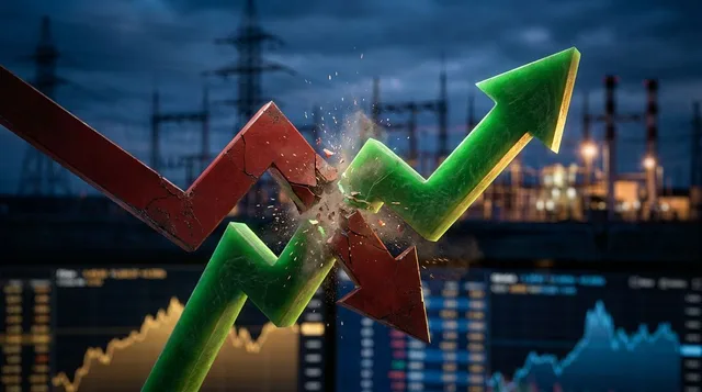 A split-composition image showing a bold upward green arrow (representing the $1 billion revenue upgrade) colliding mid-frame with a sharp red downward arrow (representing the 5% premarket drop), creating a visual tension between optimism a