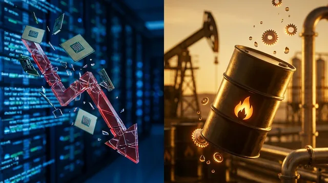 A split-screen composition showing a dramatic downward-plunging stock chart rendered in cold blue tones on one side, contrasting sharply with a bold upward-surging oil barrel or flame graphic in warm amber and red tones on the other.