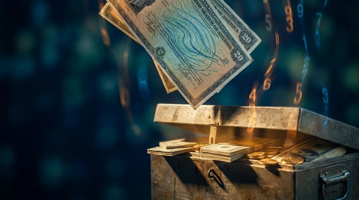 A dramatic close-up of U.S. Treasury bonds or government securities being pulled downward by a visual force, with yield percentage numbers rendered as glowing digits fading or descending against a deep navy blue background. In the foregroun