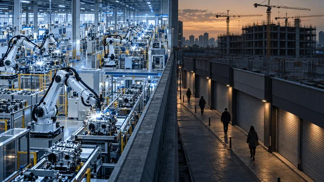Split scene contrasting a bright, active automated factory floor with robotic assembly lines on one side against a dim row of shuttered storefronts and an idle construction site with empty cranes on the other, symbolizing industrial growth against consumer and investment weakness.