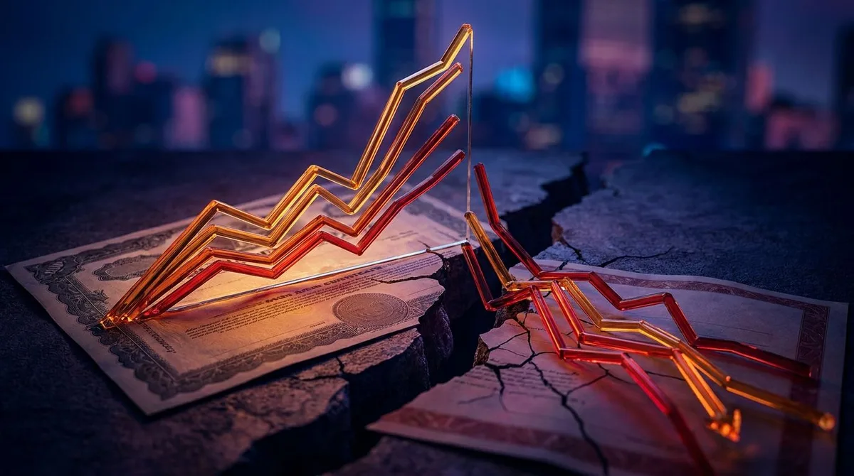 A dramatic upward-trending yield curve chart rendered in glowing amber or red against a dark background, with a prominent bond certificate or Treasury document visible beneath it.