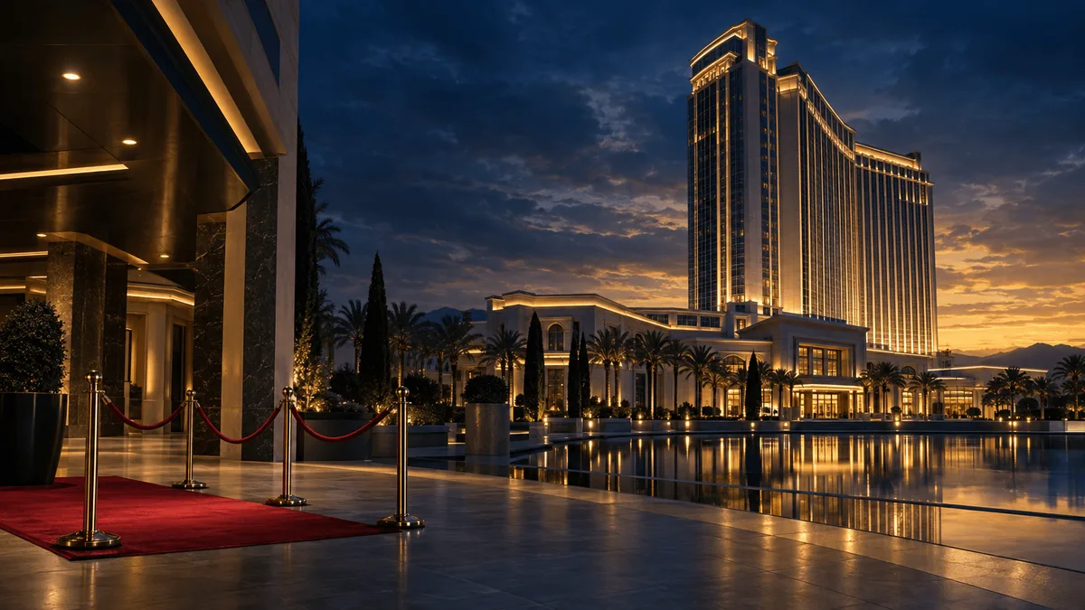 A grand illuminated casino resort tower at dusk reflected in a still fountain, with an empty, unattended entrance plaza suggesting a stalled deal.