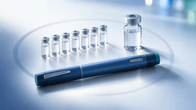 A single unbranded insulin pen next to seven small vials and one larger vial set apart, symbolizing a once-weekly dose replacing daily injections, in a clean clinical studio setting.