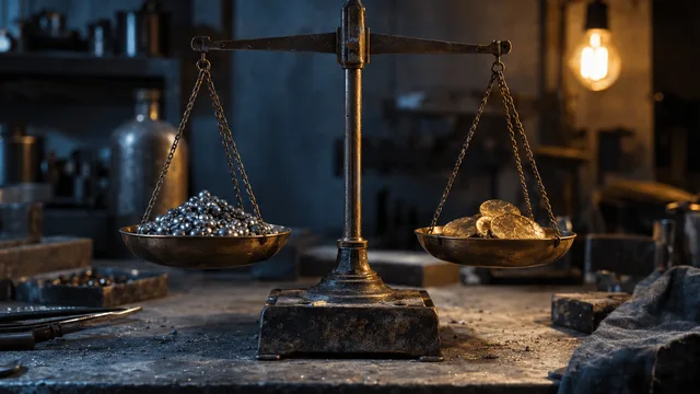 A single scuffed scale sits on a bare concrete workbench: one brass pan holds a small heap of raw gray mercury-colored pellets, the other holds a few worn gold coins, both pans hanging level in uneasy balance.