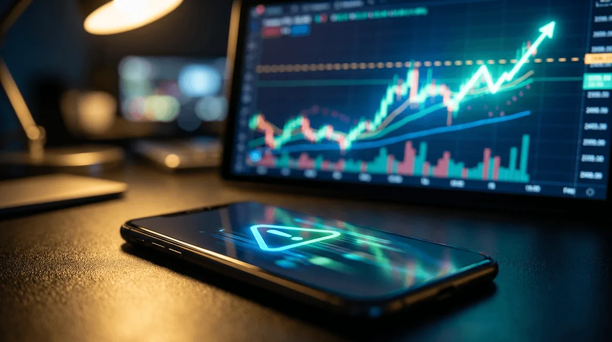 A close-up of a smartphone displaying a stock price alert notification, with a glowing trading chart visible in the background showing a price line breaking through a resistance level.