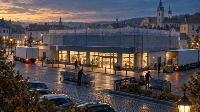 An unbranded European supermarket storefront at dusk with scaffolding and delivery trucks, symbolizing a retail business changing ownership.