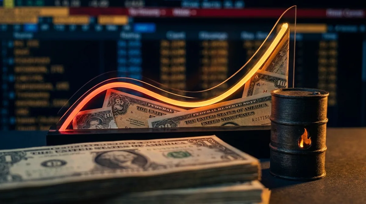 A dramatic upward-trending yield curve graph rendered in glowing amber or red against a dark financial dashboard background, with U.S.