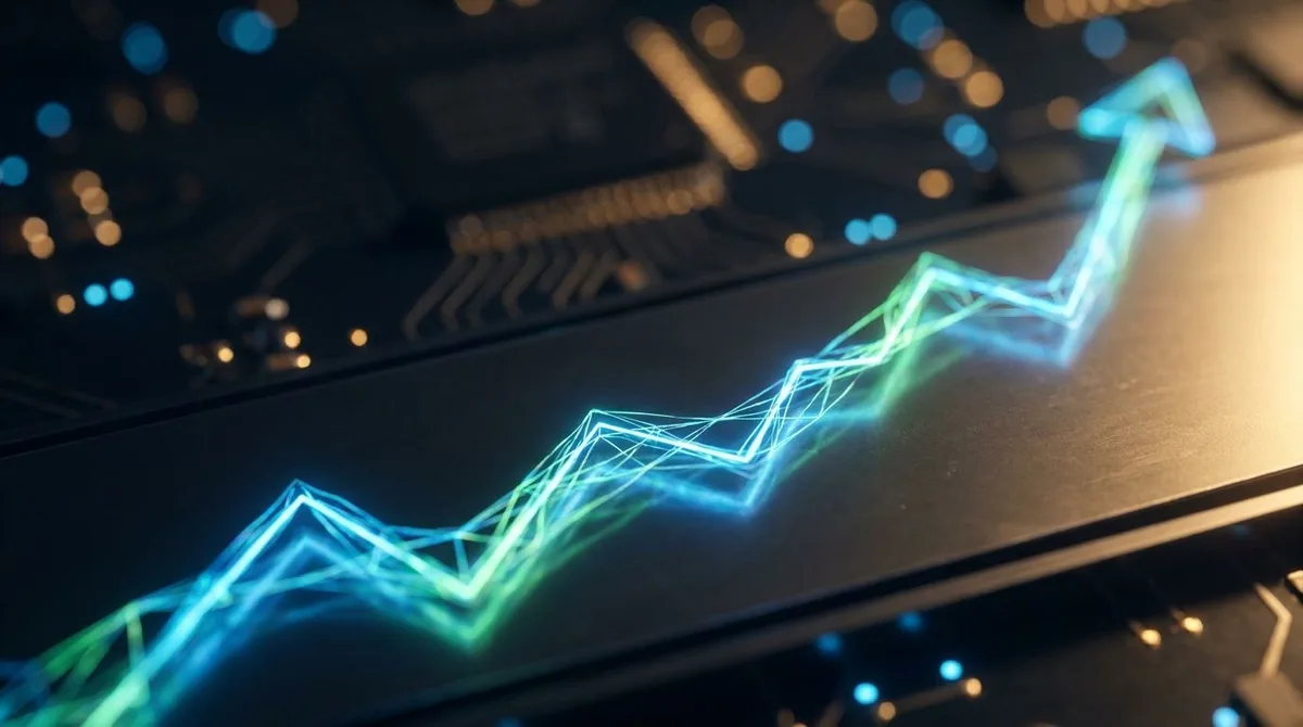 A dynamic upward-trending stock chart rendered in electric blue and green glows dominates the frame, with a microchip or circuit board pattern subtly embedded in the background to represent the tech-driven surge.