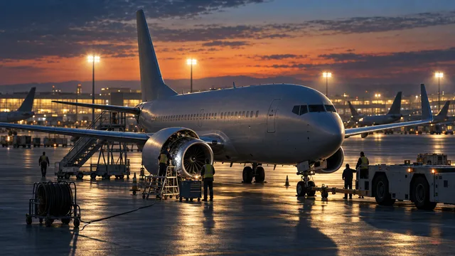 A gray, unbranded narrow-body jet on a dusk airport tarmac with its engine cowling open under inspection lighting, ground crew and equipment nearby, and hazy silhouettes of additional aircraft and a terminal glowing in the background.