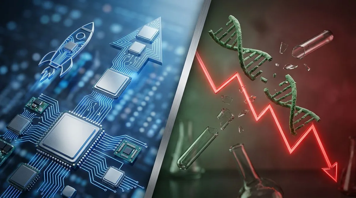 A split-screen composition showing a rocket or upward-shooting arrow on one side representing the SK Hynix debut surge, contrasted against a sharp downward red graph line on the other side symbolizing the biotech crash.