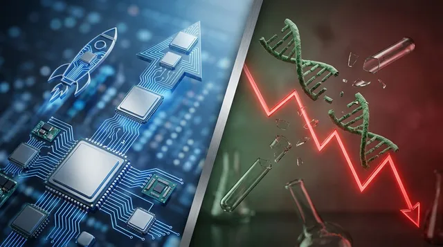 A split-screen composition showing a rocket or upward-shooting arrow on one side representing the SK Hynix debut surge, contrasted against a sharp downward red graph line on the other side symbolizing the biotech crash.