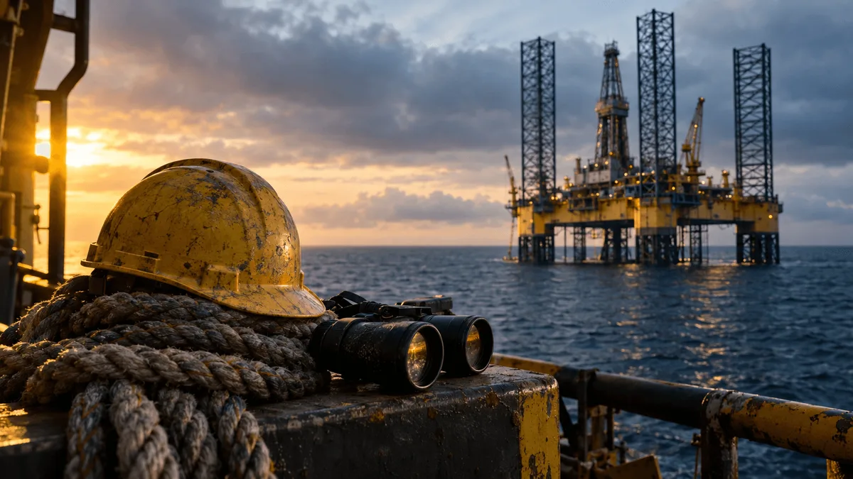 A weathered yellow offshore jack-up drilling rig towers against a grey dawn sky, its massive steel legs rising from calm dark-blue ocean water.