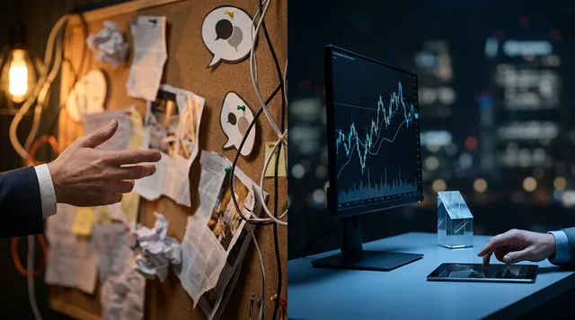 A split-scene image showing two contrasting figures: one trader confidently pointing at a chaotic wall of conflicting headlines and opinion bubbles, while another calmly studies clean price charts and market data on a screen. The evidence-based trader is bathed in focused, clear light while the opinion-driven side is visually noisy and cluttered. This contrast visually captures the article's core message of ignoring market noise and trading only what the data actually shows.