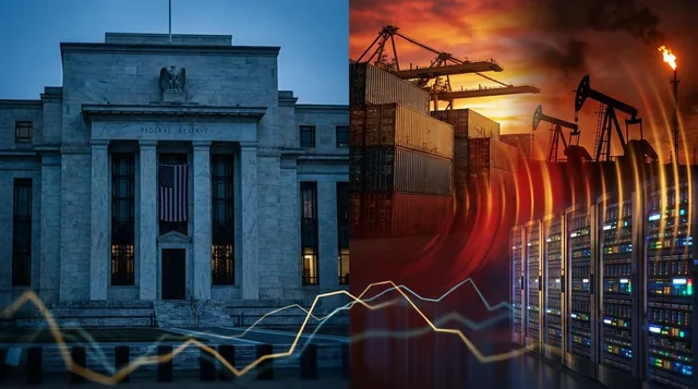 A dramatic split-screen composition showing a Federal Reserve building facade on one side, with visual symbols of the three inflation forces — shipping containers representing tariffs, oil derricks or flames for geopolitical conflict, and g