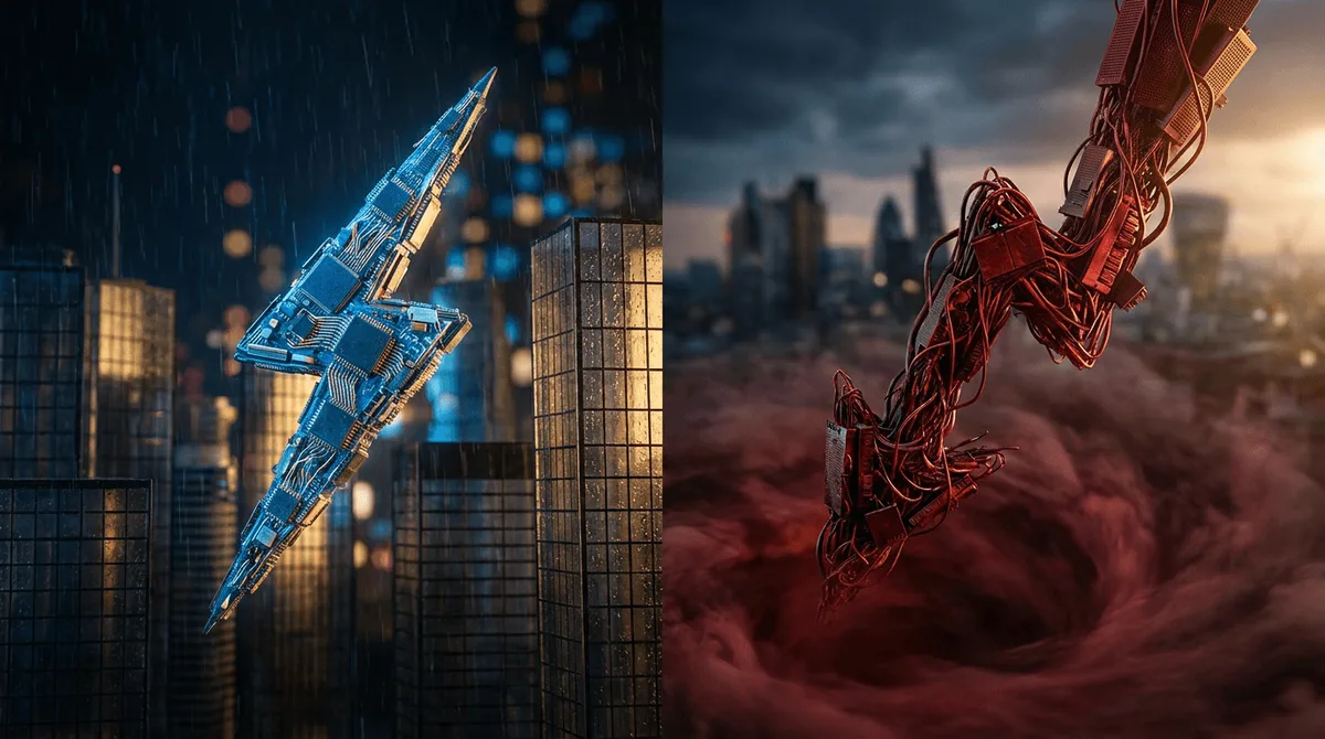 A dramatic split-screen visualization of two stock chart lines violently diverging — one rocketing upward in electric blue representing semiconductors, the other plummeting downward in deep red representing software — set against a dark, stormy financial background. The lines should appear almost like lightning bolts or seismic waves, conveying raw energy and extreme volatility rather than smooth, gradual movement. The overall composition should feel urgent and kinetic, as if the market itself i