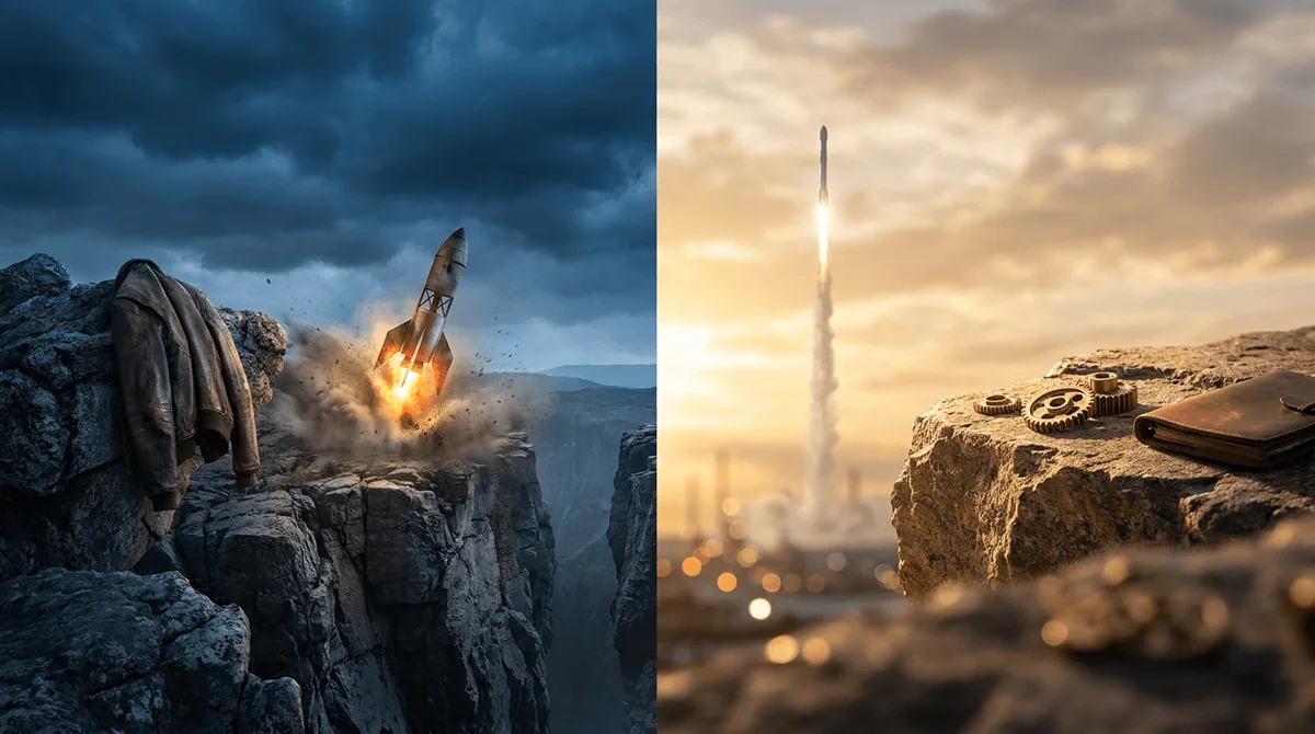 A split image concept showing a lone figure standing confidently on one side of a chasm, watching a rocket (subtly evoking Elon Musk's SpaceX aesthetic) launch prematurely and crash on the other side, while a second rocket successfully lifts off in the background. The scene is bathed in dramatic contrasting light — dark stormy skies on the early-entry side versus golden sunrise light on the patient, well-timed side. This visually captures the core tension between being too early versus being rig