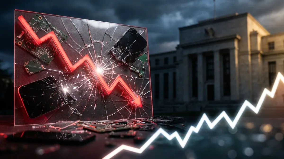 A dramatic downward-plunging red stock chart dominates the foreground, with glowing tech device screens or circuit board elements visibly cracking or shattering beneath the pressure.